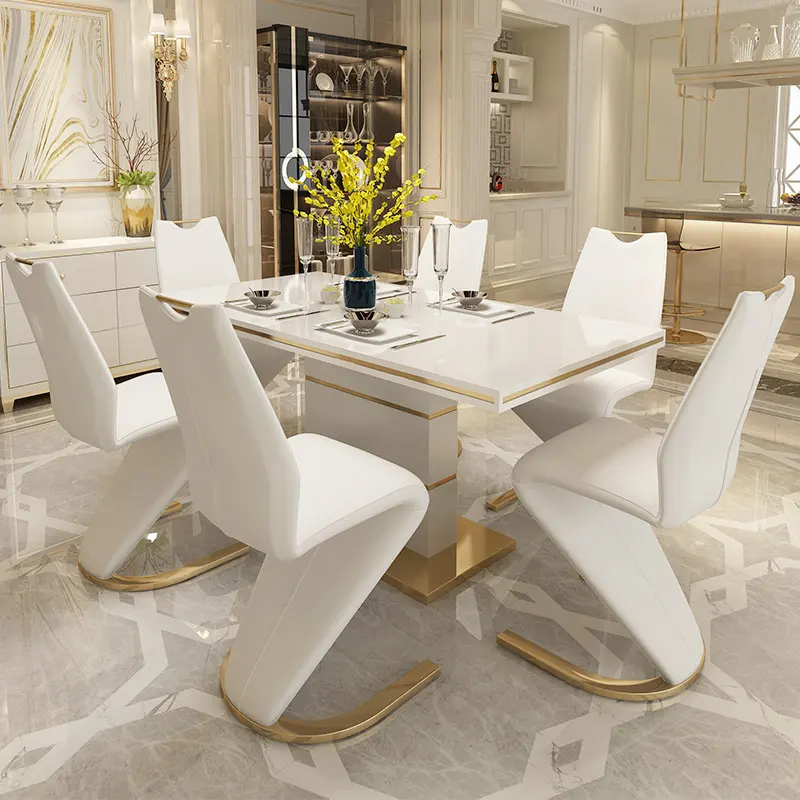Toptan fransız tarzı uzatılabilir boy masa ve 6 kumaş deri yemek sandalyeleri yemek odası takımı lüks modern yemek masası seti