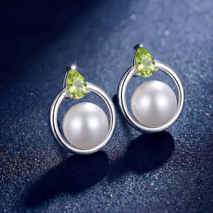 Pendientes de Plata S925 con Perla de Agua Dulce, Círculo Abierto, Peridoto Verde y Circonita Cúbica, Joyería Elegante, Regalo para Mujer - Product Image 5