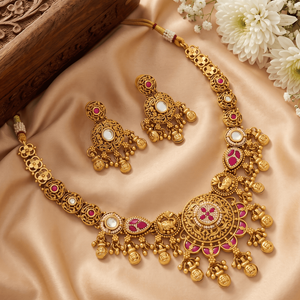 Traditional Gold Plated Antique Temple Jewelry Necklace Set with Pink Kundan Stones and Matching Earrings for Women - Product Image 1