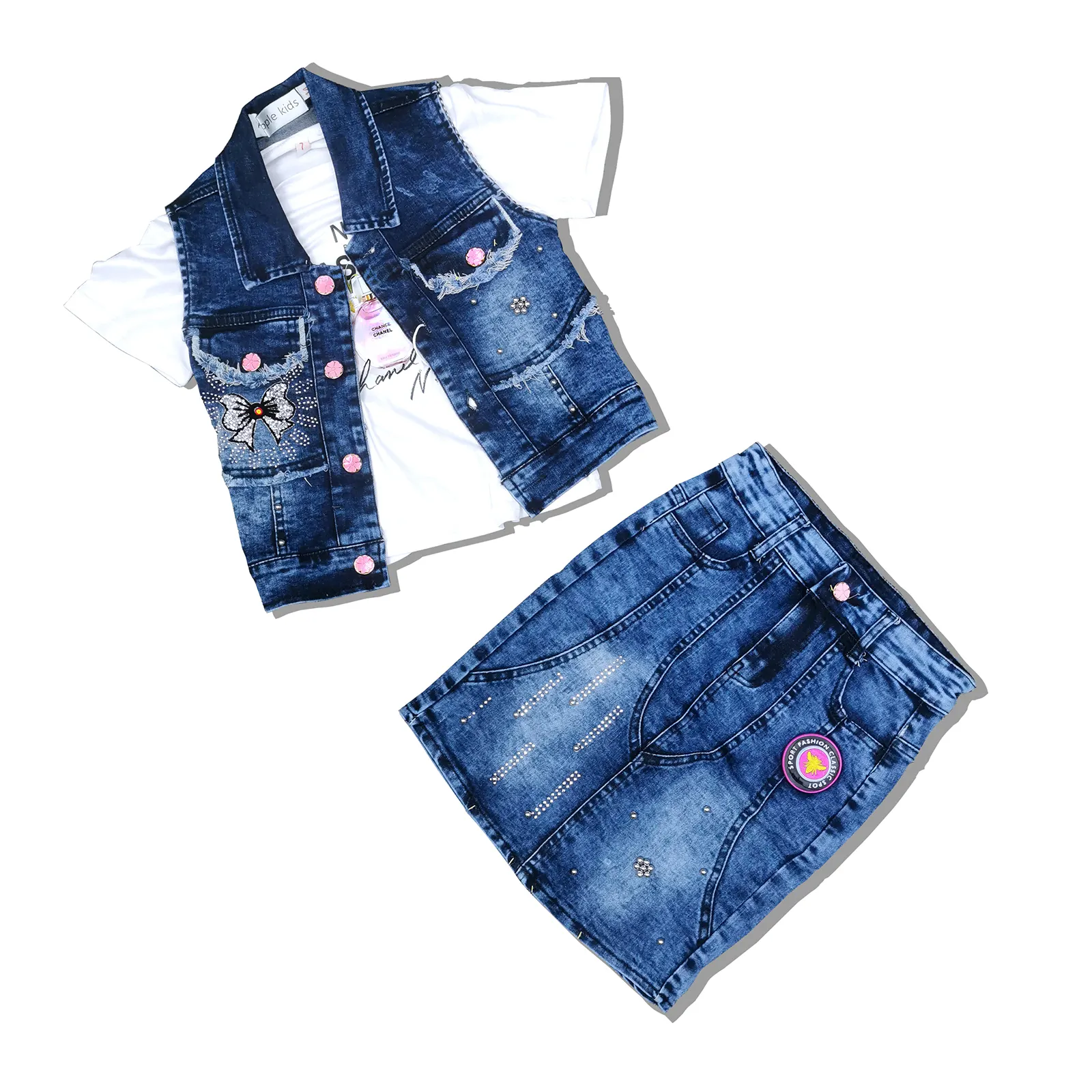 Fashion Kids Clothing Three piece Sets Sunflower Baby Girls Top with fashion Skirt Casual OEM Spandex Style Time Jeans Fabric