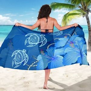 Pareos Samoa, Diseño Polinesio con Hibisco Azul Hawaiano y Tortuga, Pareos Largos <span class=keywords><strong>de</strong></span> Chifón para Mujer, Traje <span class=keywords><strong>de</strong></span> Baño, Falda Envolvente para la Playa - Product Image 2