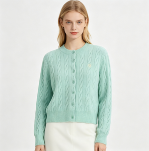 Blue Cable Knit <b>Cardigan</b> <b>Sweater</b> Round Neck Long Sleeve Button Front Women Knitwear for Autumn - Product Image 3