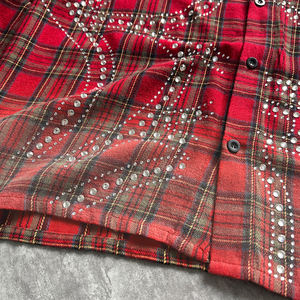 Camiseta pesada personalizada de diseñador Premium, camisas de franela con diamantes de imitación a cuadros, camiseta de lavado ácido de manga larga de gran tamaño de alta calidad - Product Image 4