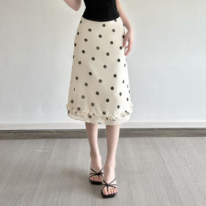 Jupe midi à pois crème pour femmes, taille haute, en mousseline de soie, ourlet à volants, style vintage élégant, style européen américain - Product Image 6