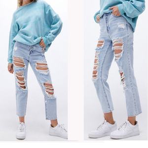 กางเกงยีนส์ทรงตรงเอวสูงสีฟ้าอ่อนขาดๆ แบบใหม่มาแรง สำหรับผู้หญิงไซส์พลัส - Product Image 5