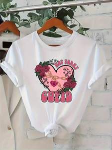 T-shirt da donna con stampa Cupid Rose Chain, girocollo, vestibilità ampia, in jersey di cotone, manica corta, top casual per tutte le stagioni - Product Image 3