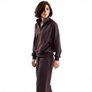 <b>Womens</b> Dark Brown <b>Quarter</b> <b>Zip</b> Tracksuit Heavyweight Stand Collar Pullover And Matching Sweatpants Set Two-Piece Casual - Product Image 1