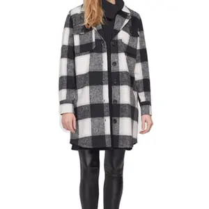 2023 Best Selling Fashion Woven Black White Plaid Women Shacket With Pockets