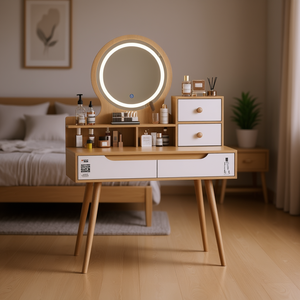 Tocador de Maquillaje con Espejo Iluminado Ajustable, 4 Cajones, 3 Estantes, Patas de Madera Maciza, Mesa de Tocador para Dormitorio - Product Image 2