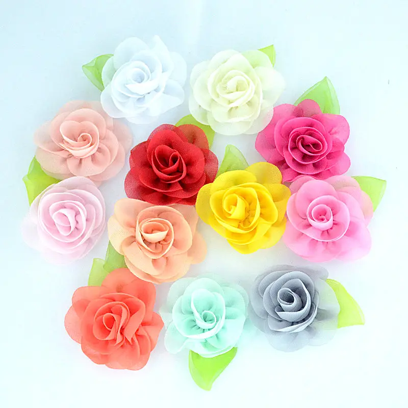 6CM Fashion Chiffon Fabric Flower With Green Leaf For Wedding Dress Decoration Artificial Flowers For Wedding Invitation CH007