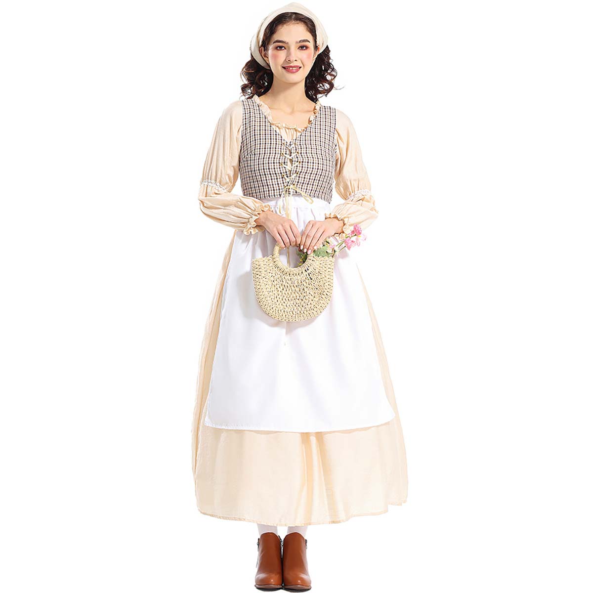 Festival Part Prairie Colonial Apricot Plaid Dresses RKHC-007| Alibaba.com