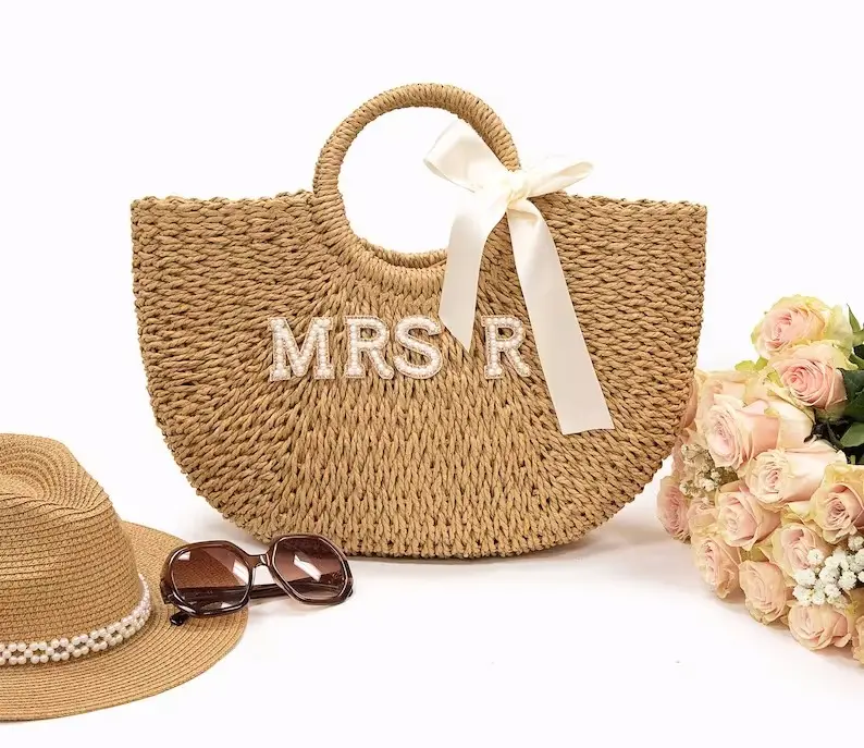 Bridesmaid Beach Bag Customized Straw Bags Personalized Straw Basket Bridal Shower Bag White Pearl & Rhinestone Letter Patches