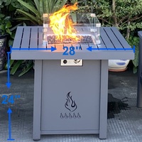 Table de foyer au propane carrée moderne en aluminium gris thermolaqué de 28 pouces avec brûleurs en acier inoxydable et pare-vent en verre