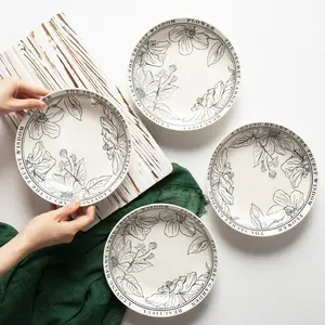 Nórdico flor preta impresso cerâmica sopa prato prato seguro esmalte placa profunda a granel porcelana saladeira para uso doméstico