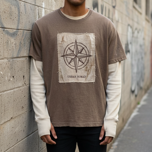 T-shirt gaufré tricoté pour homme, personnalisé, brodé, appliqué, vintage, coupe ample, en coton délavé à l'acide 300-340 g/m², double épaisseur, manches longues - Product Image 1