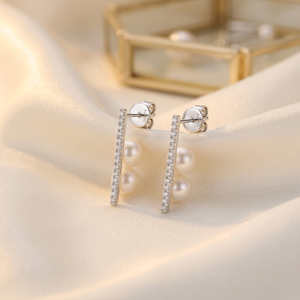 Boucles d'oreilles clous en or blanc massif 18 carats de qualité supérieure, élégantes, avec diamants taille brillant et perles d'eau douce, bijoux fins pour femme, idéales pour le quotidien, cadeau - Product Image 3