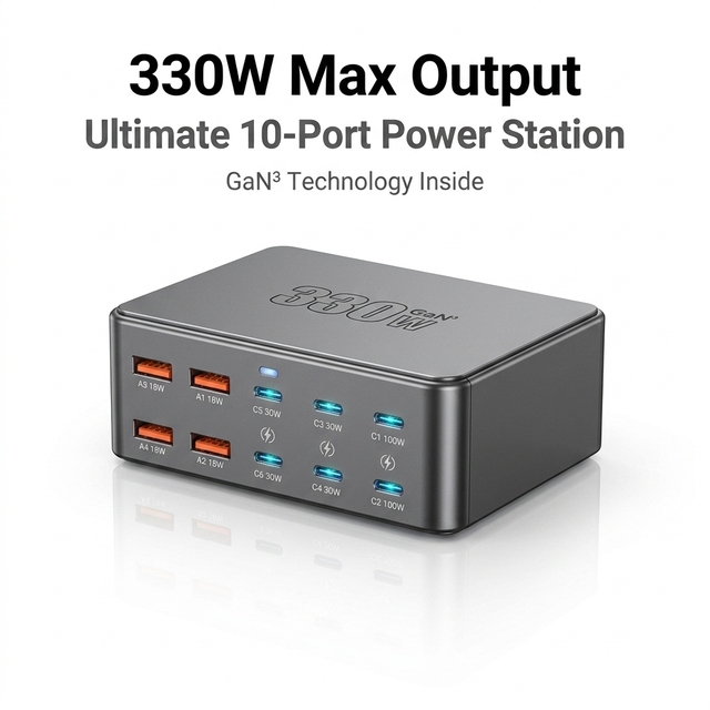 Professional 330W GaN 10-Port Desktop Charging Station Dual PD 100W 6 USB C Fast Charger Laptop Tablet Smartphone OEM Fireproof