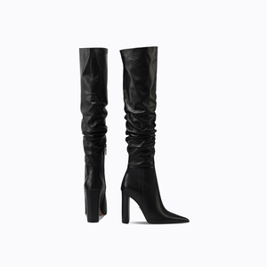 Faberuca 2024 autunno inverno eleganti stivali neri con <span class=keywords><strong>tacco</strong></span> <span class=keywords><strong>alto</strong></span> in vera pelle con chiusura Slip-On modello solido Top da donna - Product Image 1