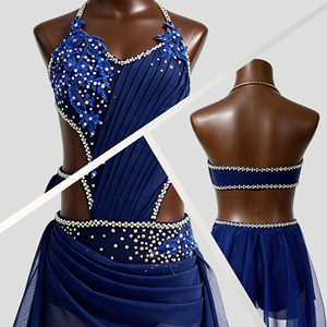 Vestido de Danza Lírica Azul Rey de Poliéster con Pedrería, Traje de Ballet Contemporáneo Hecho a Medida, Adornado con Cristales para Patinaje Artístico - Product Image 2