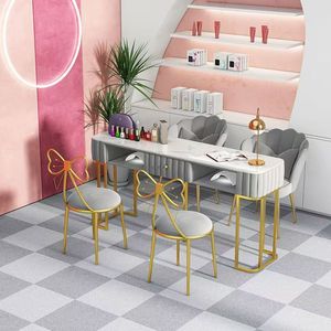 Table de manucure moderne en marbre rose et métal, mobilier de salon de beauté commercial - Product Image 5