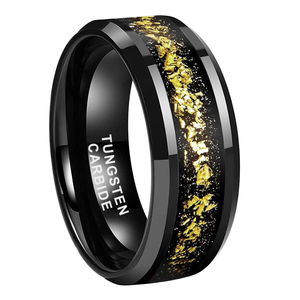 <span class=keywords><strong>Anelli</strong></span> di tungsteno <span class=keywords><strong>neri</strong></span> da 8mm per gli uomini da donna frammenti di lamina d'oro intarsio di fidanzamento fede nuziale smussata bordi lucidati Comfort Fit - Product Image 1