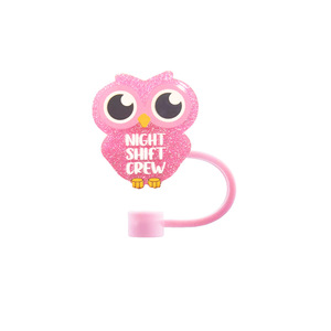 Couvre-paille en silicone rose en forme de hibou avec impression de motifs irréguliers scintillants - Product Image 5