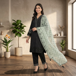 Conjunto de Top y Pantalones Plazzo con Bordado de Lentejuelas TENNECY para la Temporada de Bodas, con Dupatta, Material ROMAN, Sin Arrugas, en 3 Colores - Product Image 1