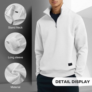 Sudadera casual de hombre con media cremallera, manga larga, cuello simulado, textura gofrada, de algodón, estilo pulóver, color liso - Product Image 6