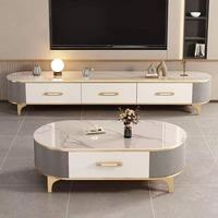 Ensemble Meuble TV et Table Basse en Pierre Frittée de Luxe Moderne – Design Écologique, Durable, Simple et Élégant pour la Maison