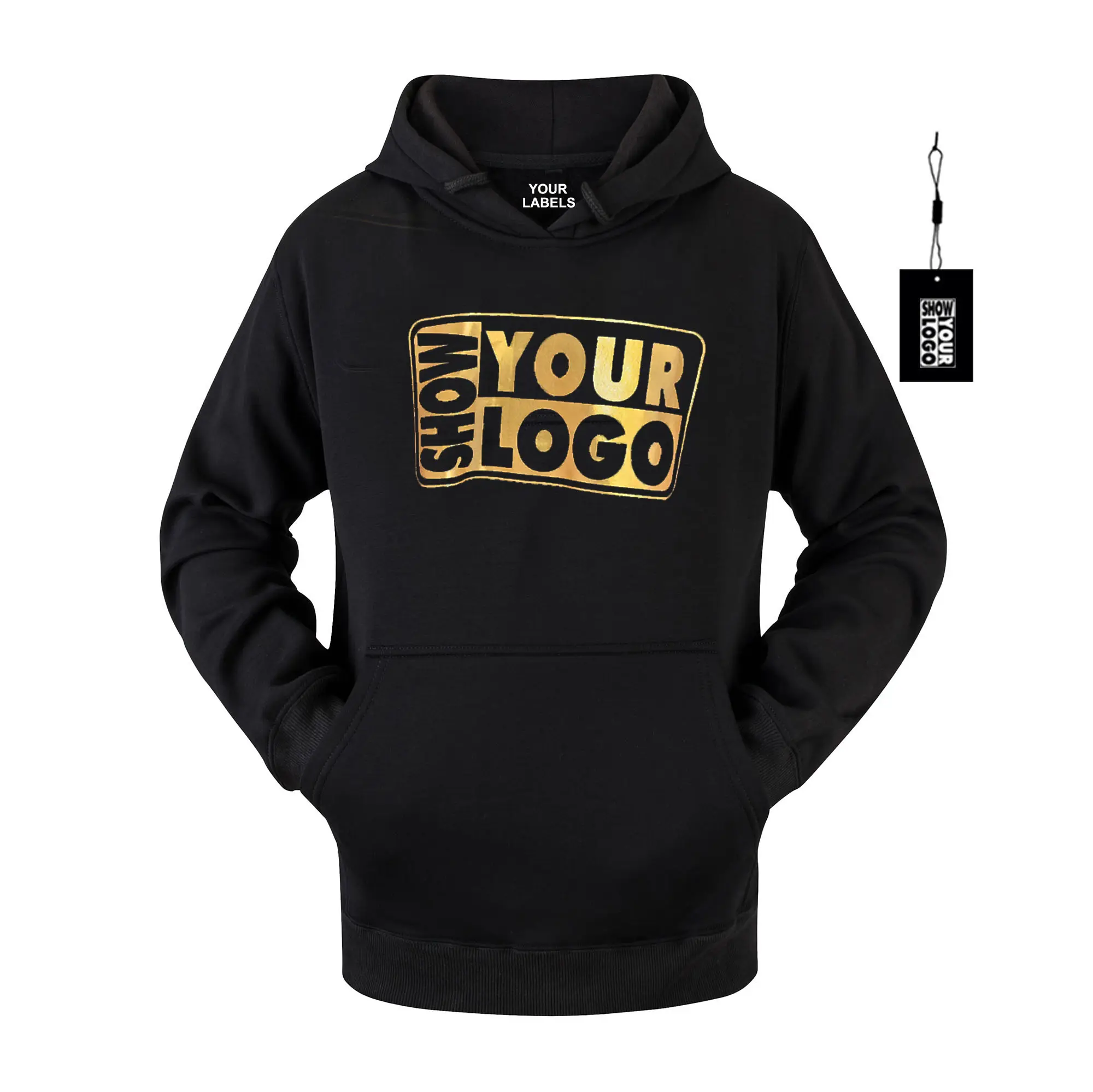 Neu kommende hochwertige Gold Print Hoodie benutzer definierte Hoodie mit Gold-Logo-Print kostenlose Etiketten und Hang Tags bieten