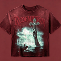 T-shirt surdimensionné pour homme, style grunge vintage streetwear, avec broderie graphique de croix gothique, effet vieilli, couleur bordeaux délavé, personnalisé