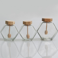 Pot à miel hexagonal transparent vide au design unique de 220 ml et 380 ml avec couvercles en bois