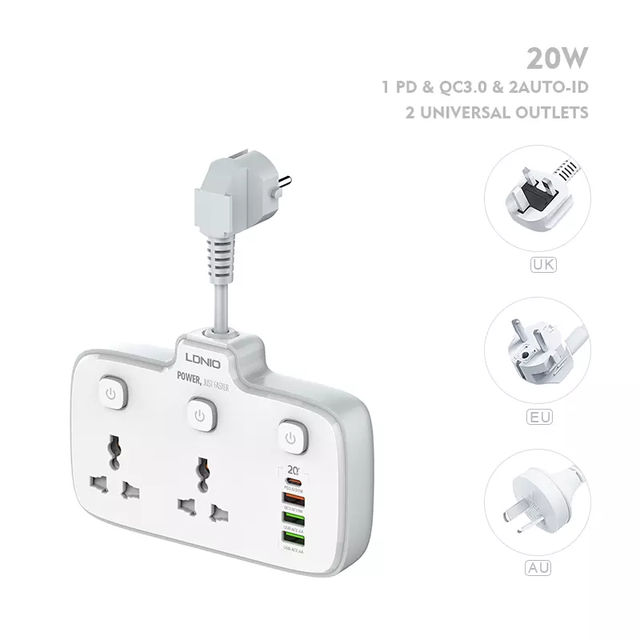 LDNIO SC2413 Universal Outlets Power Strip Tower 2 Outlet Wall Electric Plug PD 20W USB Power Cube Power Socket