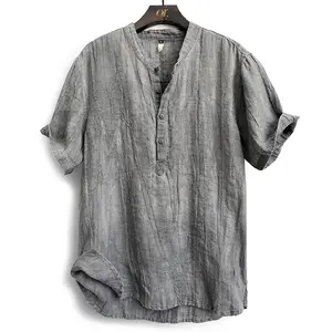 Wholesale Custom Men's Summer Short Sleeve Half Button Down Oversized Linen T Shirts Linen Hemp T shirt for Men