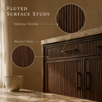 Buffet de cuisine en noyer à texture cannelée, éclairage LED, meuble de rangement de style mid-century avec portes à lattes et plan de travail anthracite