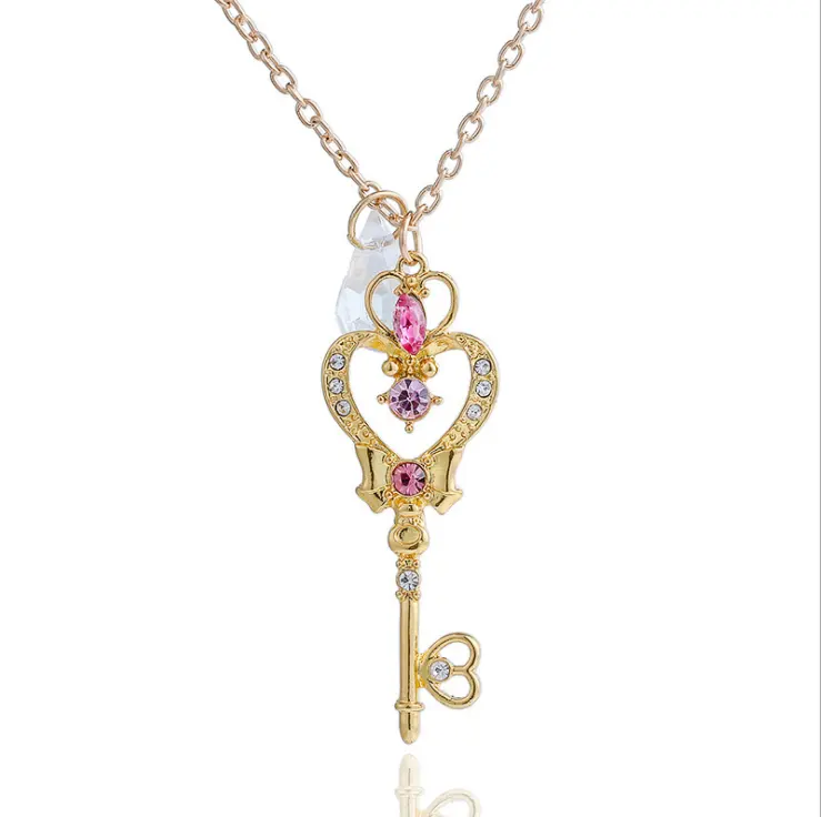 UFOGIFT Sailor Moon Kalung Kunci Emas Sailor Scout Anime Crescent Cosplay Luna Wand Perhiasan Hadiah Merah Muda untuk Anak Perempuan