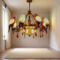 Grand lustre de style européen rétro pour villa, bâtiment duplex 8+1, en fer forgé, bronze, LED, alliage de zinc, abat-jour en forme de perroquet, antique