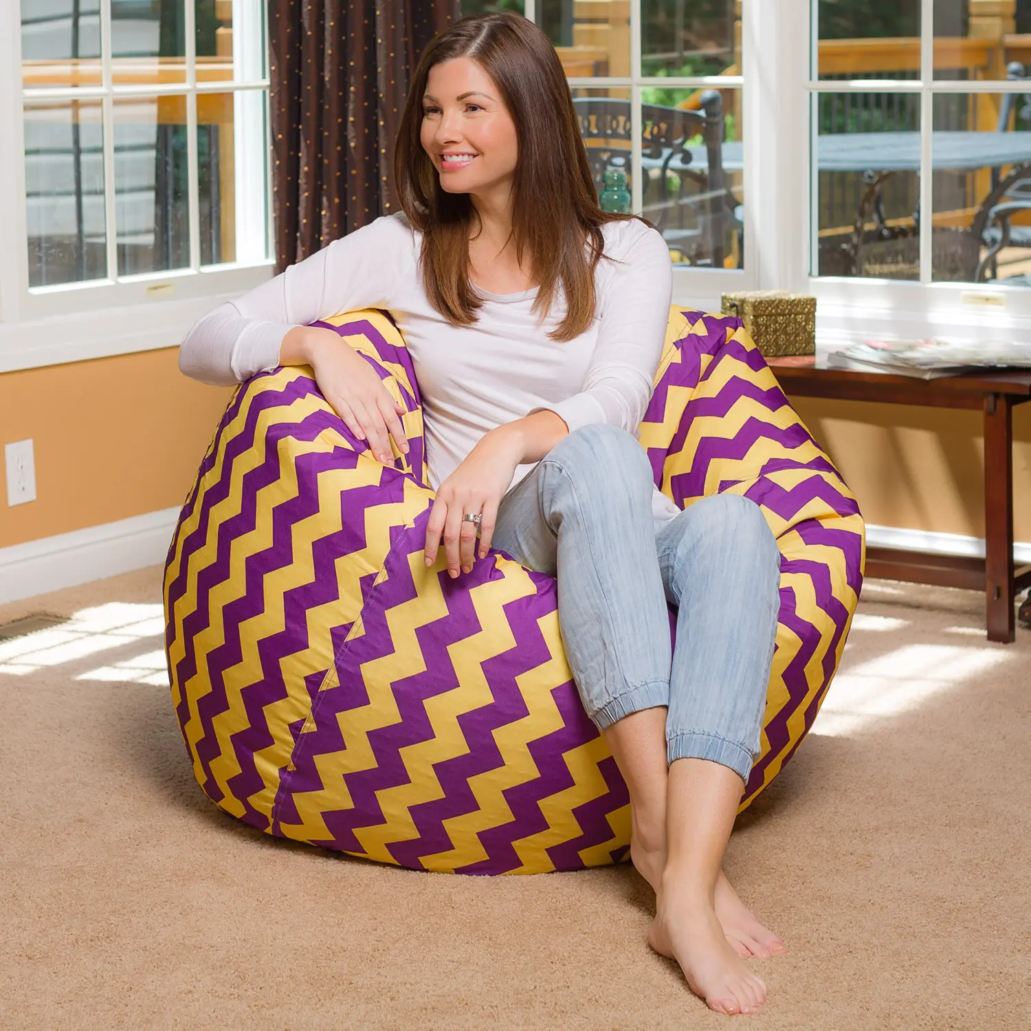 Violet et jaune mélange chevron enfants, adolescents et adultes Polyester tissu bouffée sac chaise longue meubles