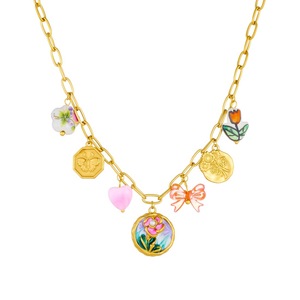 Vintage Enamel Floral Jewelry <b>Set</b> Gold Plated Necklace And <b>Bracelet</b> For Women With Rose And Butterfly Charms - Product Image 5