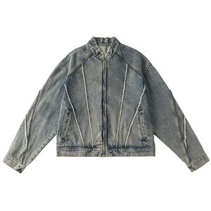 Blouson en jean pour <span class=keywords><strong>homme</strong></span>, hiver, style vintage américain, déstructuré, à franges effilochées, délavé, zippé, style urbain, vente en gros, logo personnalisé, haute qualité - Product Image 5