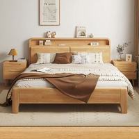 Cadre de lit king size en bois massif moderne sculpté à la main personnalisable avec un grand rangement et une lumière USB multifonctionnelle