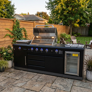 Nouvelle cuisine extérieure de jardin avec plaque de cuisson BBQ, mini-réfrigérateur en verre, sans formaldéhyde, cuisine extérieure modulaire en acier inoxydable - Product Image 1
