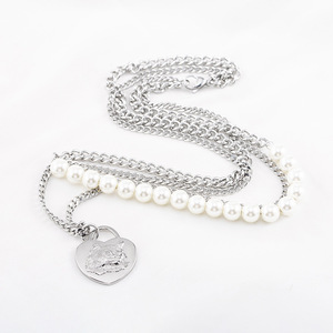 Collar de Doble Capa con Colgante de Corazón de Gato de Dibujos Animados y Perla, de Acero Inoxidable, Estilo Punk Japonés Coreano, Unisex - Product Image 3