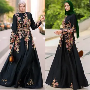 YWQS negro Floral Maxi vestido largo Sling Abaya vestido con flores de posicionamiento poliéster transpirable para adultos para Oriente Medio