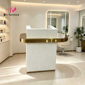 Modern White Fluted Reception Desk With Gold Stainless Steel Curved Panel Custom Beauty Salon Spa Nail Shop Front Reception - Product Image 1