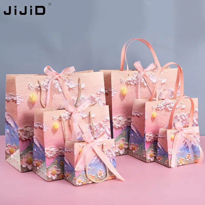 Jijid saco de papel de embalagem personalizado, tamanho personalizado, logotipo, impresso, rosa, com alça e fita, saco de compras