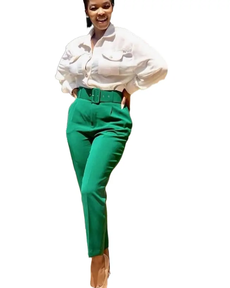 กางเกงสูททรงฮาเร็มเอวสูงสำหรับผู้หญิง,กางเกงใส่ทำงานแบบทางการพร้อมเข็มขัดจับคู่