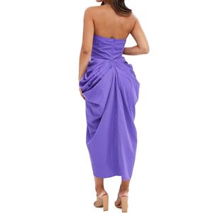 Nouvelle robe midi drapée sans bretelles violette au design personnalisé, élégante, avec fente haute et fronces, pour soirée et fête, pour femme - Product Image 2