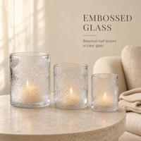 Photophore en verre gaufré transparent avec motif de feuilles botaniques – Vente en gros de coupelles pour la décoration de mariages, de maisons et d'événements