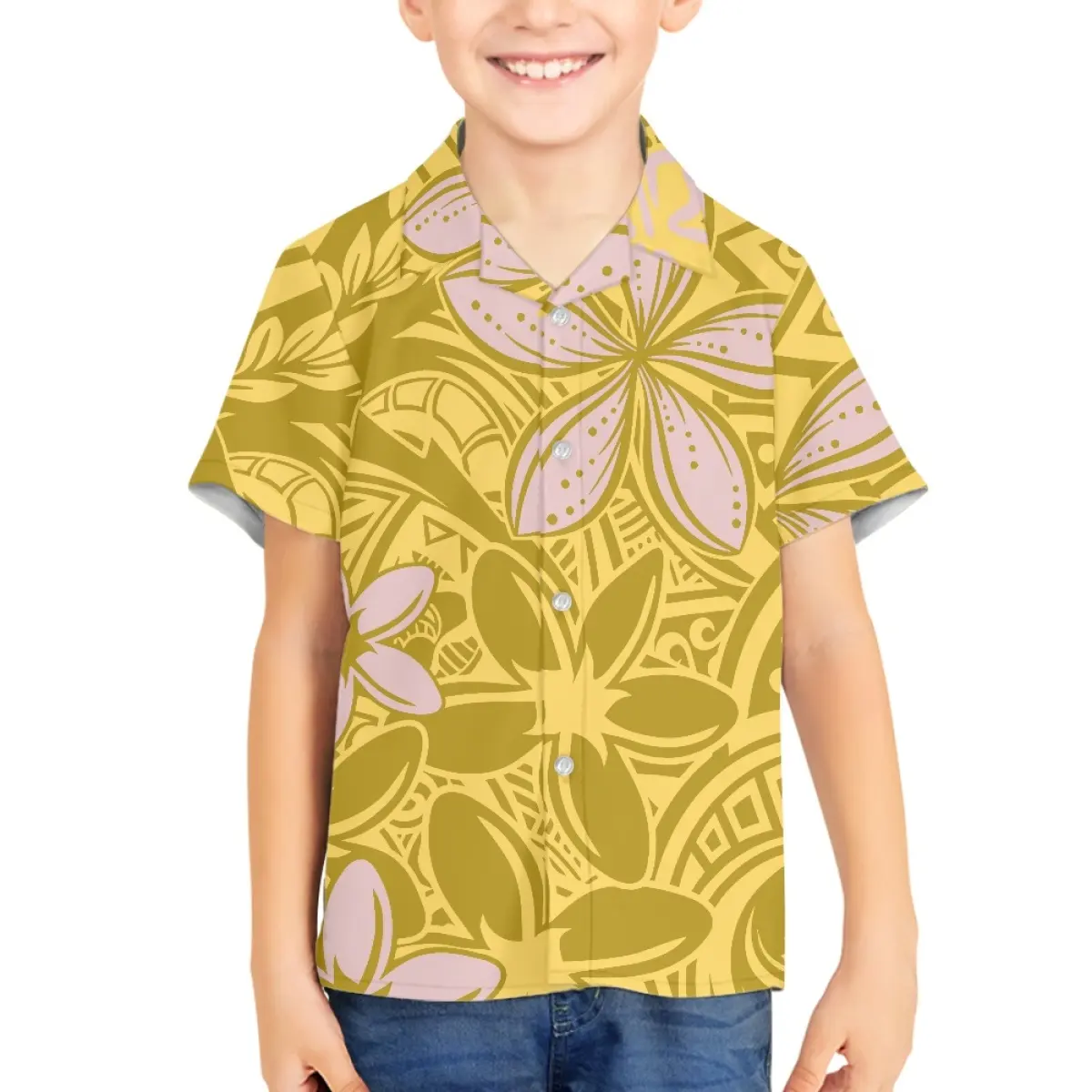 Polinesia Plumeria Arts Boys Camisas con OEM Marca Cliente Logo Ropa Patrón personalizado Niños Niñas Verano Hawaiia Shirt Top